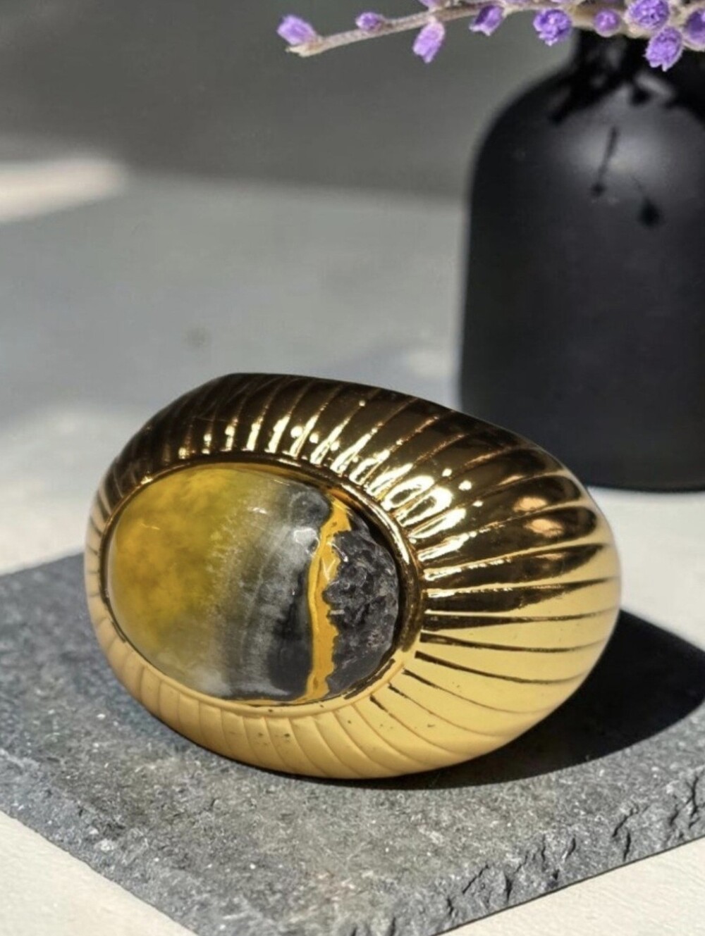 18k Gold Plated Artisan Domed Bumble Bee Jasper Statement Ring